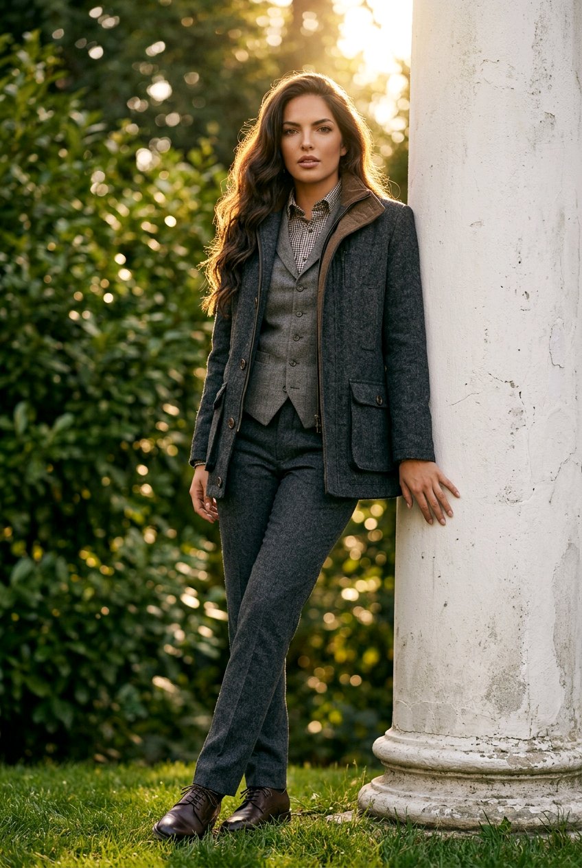A woman stands outdoors next to a white stone column, wearing a tailored gray three-piece suit with a brown corduroy jacket, dark trousers, and brown shoes. The background features green foliage and warm sunlight filtering through.