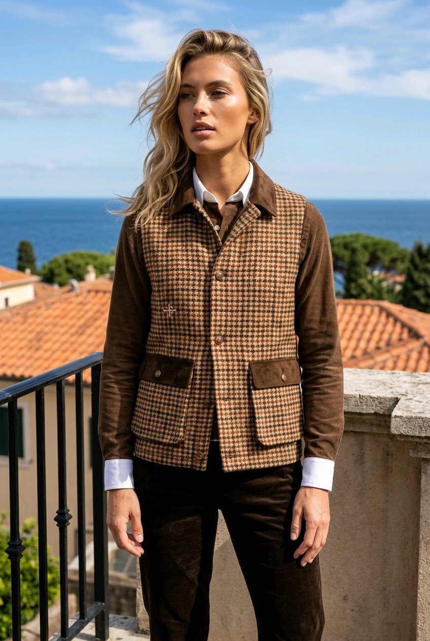 A woman stands outdoors on a balcony overlooking the sea and terracotta rooftops, wearing a brown and tan checkered waistcoat jacket with dark brown corduroy sleeves and trousers.