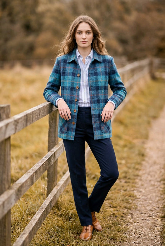 A woman stands outdoors on a dirt path beside a wooden fence, wearing a blue and teal plaid button-up jacket over a light blue shirt, navy trousers, and brown leather shoes.