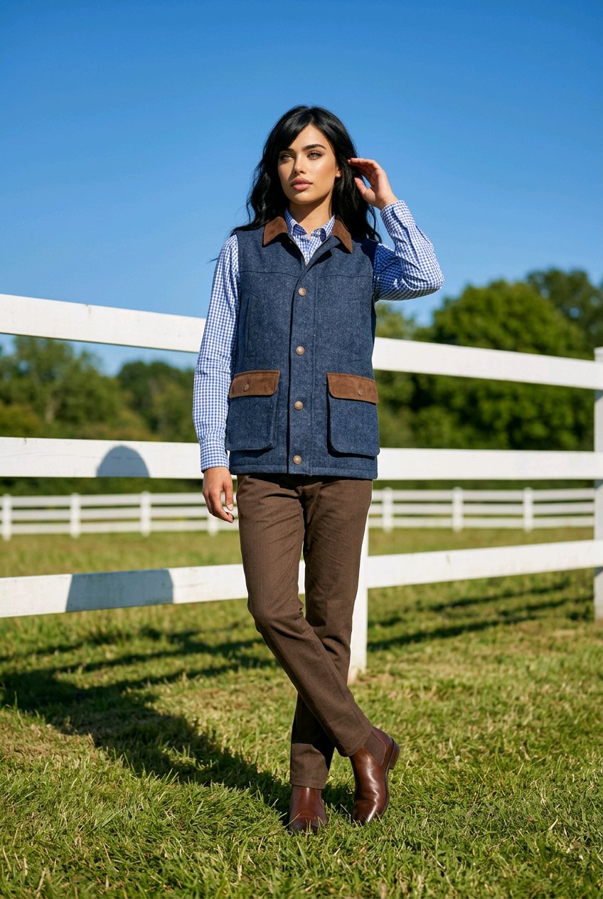 A woman stands outdoors on a grassy field in front of a white fence under a blue sky, wearing a blue denim vest with brown corduroy collar and pocket trim over a light blue and white check shirt, brown pants, and brown boots.
