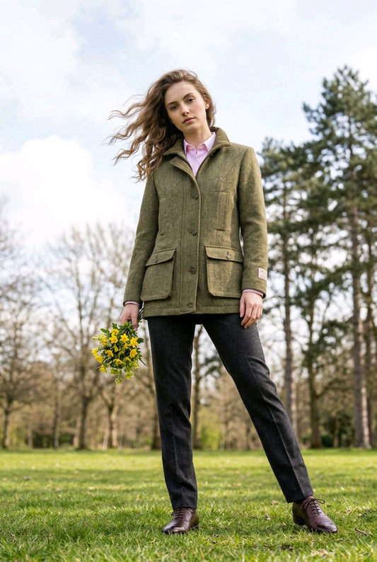 A woman stands outdoors on a grassy field with trees in the background, wearing an olive green tweed blazer over a light pink collared shirt, dark trousers, and brown shoes, while holding a small bouquet of yellow flowers.