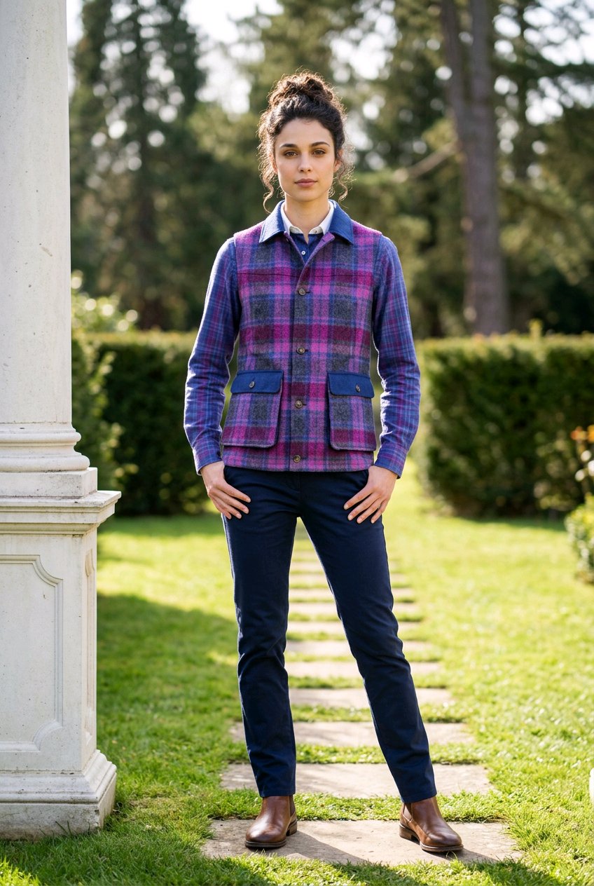 A woman stands outdoors on a stone path in a garden, wearing a purple and blue plaid button-up jacket over a collared shirt, dark navy pants, and brown boots.