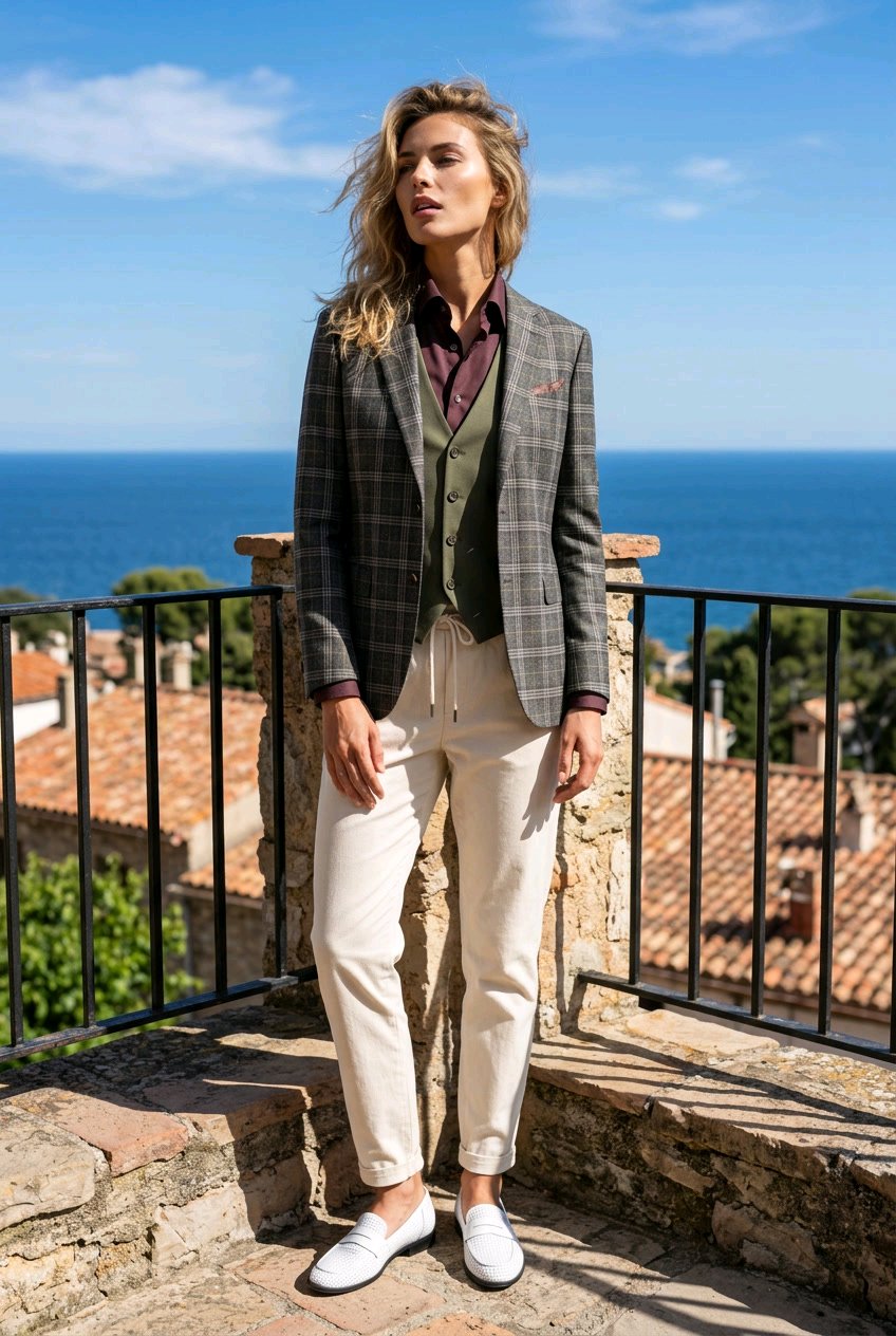 A woman stands outdoors on a stone terrace overlooking the sea and rooftops, wearing a gray plaid blazer over a green vest and burgundy shirt, with cream trousers and white loafers.