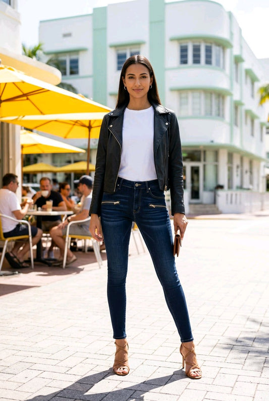 A woman stands outdoors on a sunny sidewalk wearing a black leather jacket, white t-shirt, dark blue skinny jeans, and tan heeled sandals. Yellow patio umbrellas and a white Art Deco style building are visible in the background.