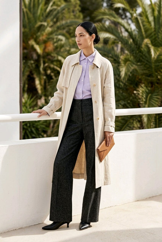A woman stands outdoors on a white balcony wearing a long cream trench coat over a light purple striped shirt, black wide-leg trousers, black heels, and holding a tan clutch bag.