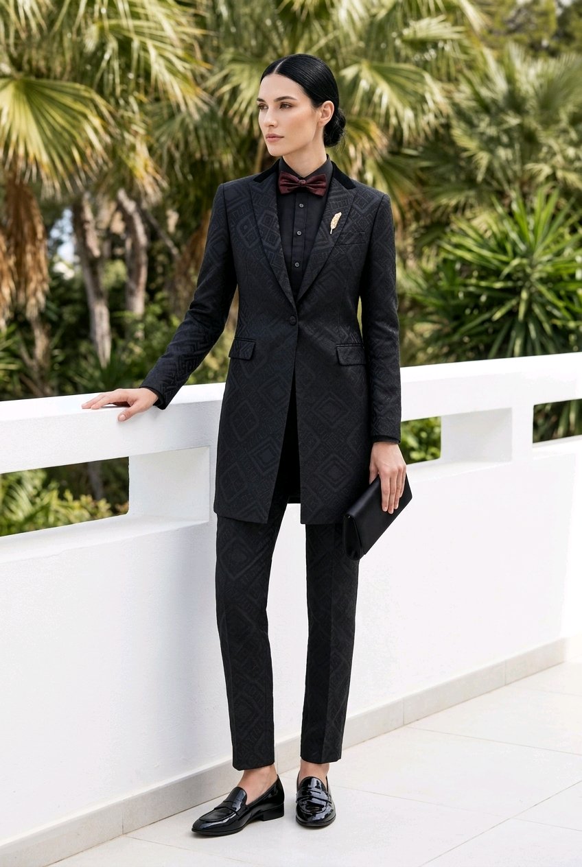 A woman stands outdoors on a white terrace wearing a tailored black patterned suit with a blazer, slim trousers, black loafers, a black shirt, and a dark bow tie. Palm trees are visible in the background.
