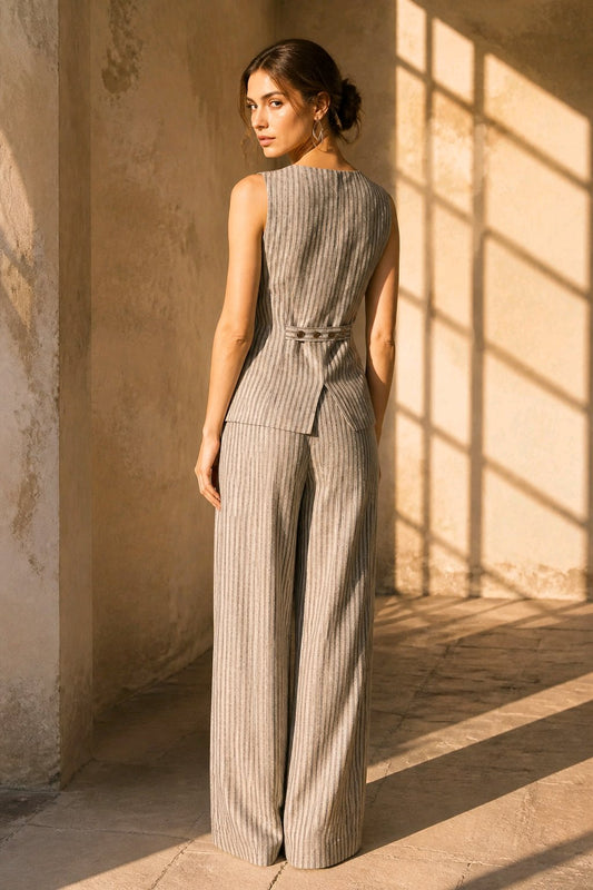 A woman stands with her back to the camera in a sunlit room with textured beige walls and window shadows, wearing a sleeveless pinstriped jumpsuit in light gray and beige tones.