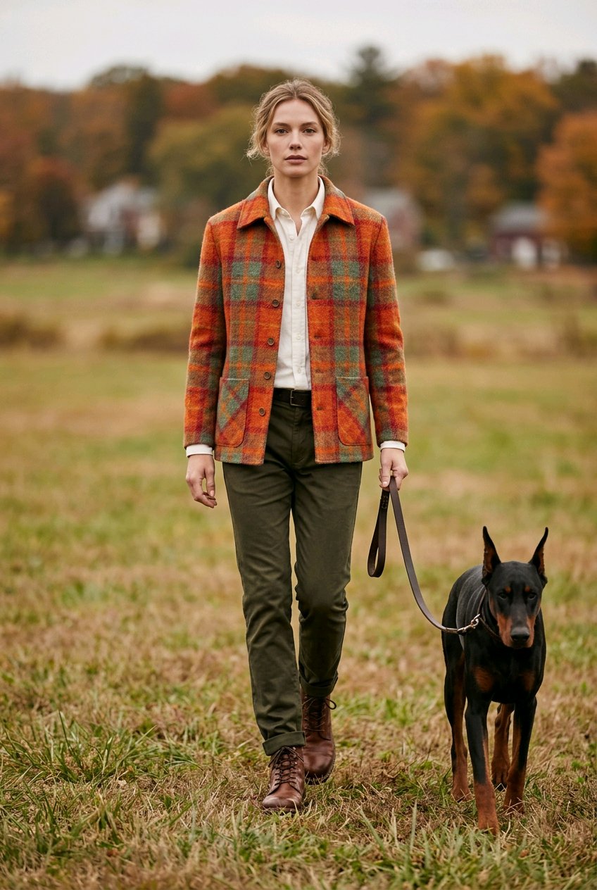 A woman walking a black and tan Doberman in an open grassy field. She is wearing a rust-orange and green plaid button-up jacket over a white shirt, olive green pants, and brown boots.