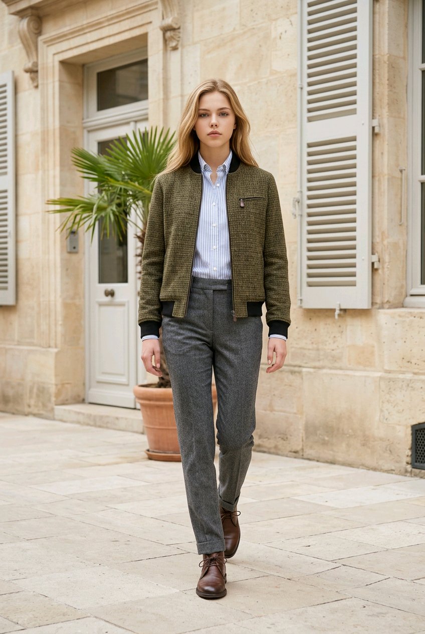 A woman walking outdoors in front of a beige stone building, wearing a textured olive green blazer over a light blue button-up shirt, gray trousers, and brown leather shoes.
