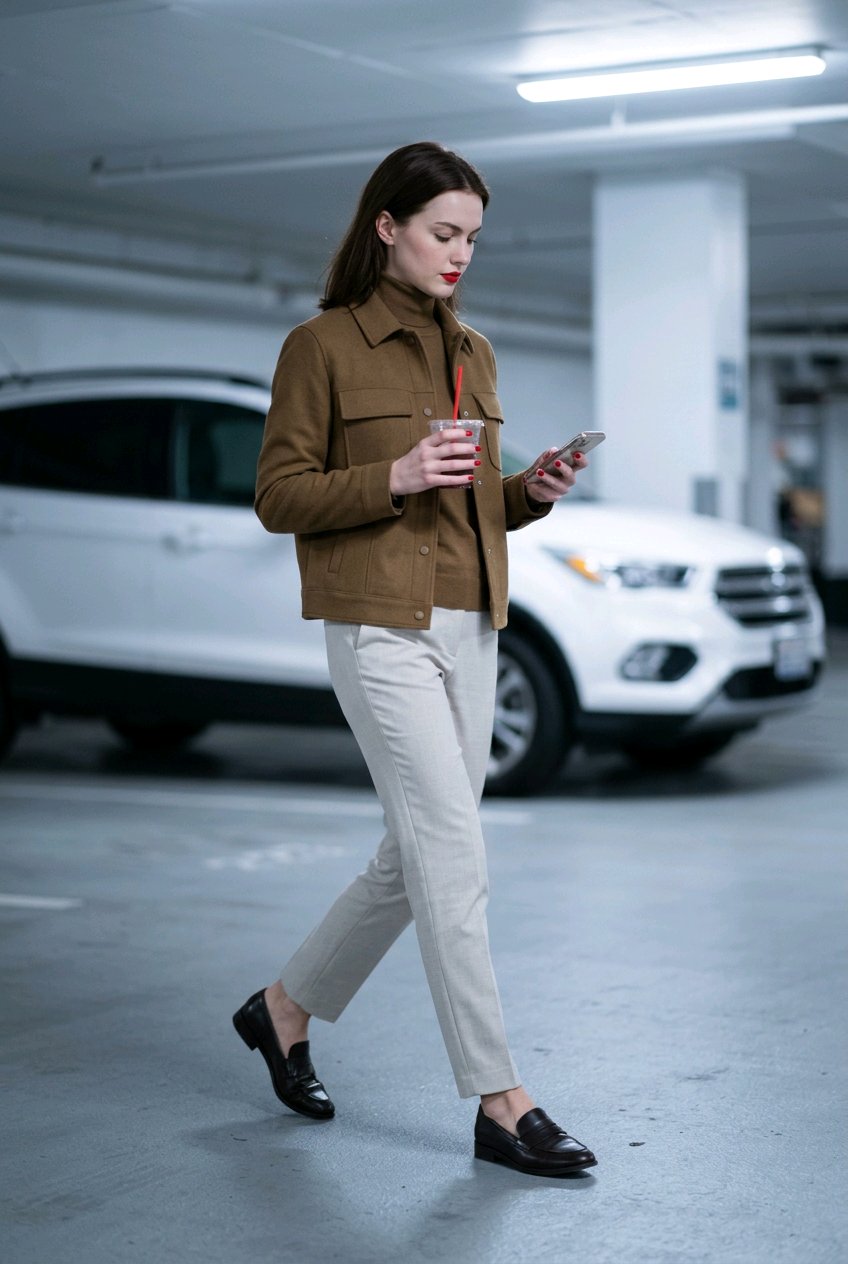 A woman walking through a parking garage wearing a brown cropped jacket, light beige trousers, and black loafers, holding a drink and a phone.