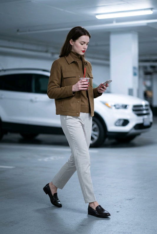 A woman walking through a parking garage wearing a brown cropped jacket, light beige trousers, and black loafers, holding a drink and a phone.