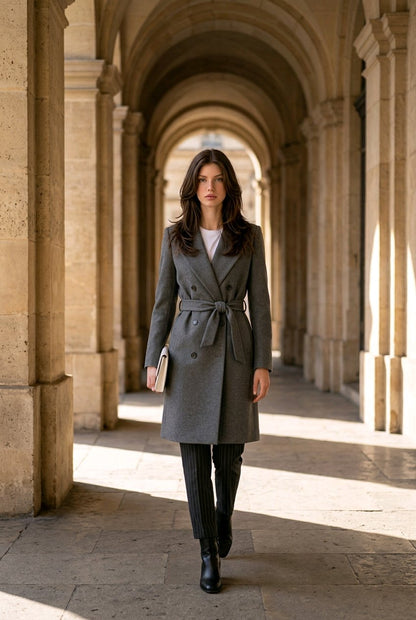 A woman walks down a sunlit stone arcade wearing a tailored double-breasted gray belted coat over a white top and black pinstriped trousers with black ankle boots.