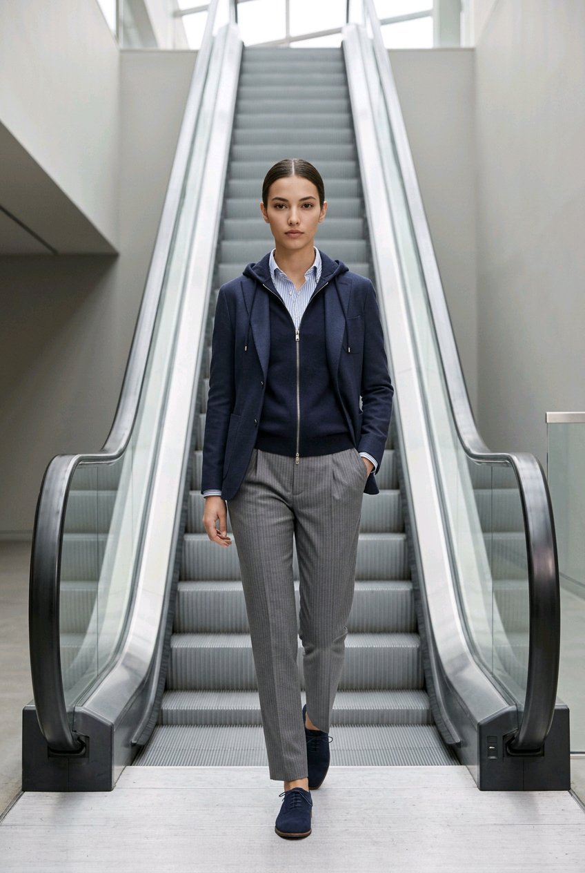 A woman walks down an escalator wearing a navy blue zip-up hoodie over a light blue collared shirt, paired with gray trousers and navy loafers.