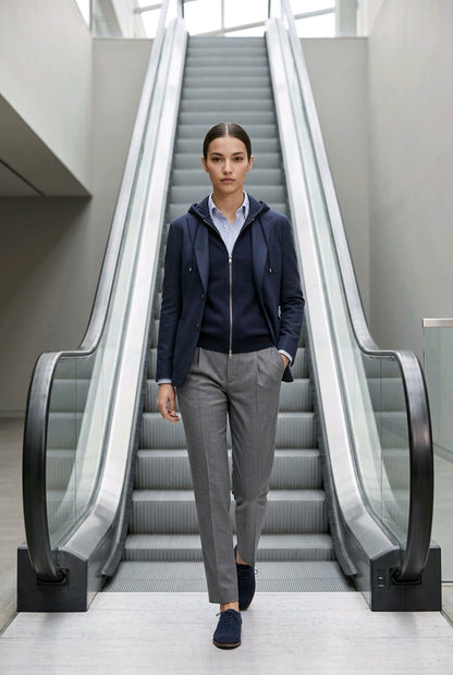 A woman walks down an escalator wearing a navy blue zip-up hoodie over a light blue collared shirt, paired with gray trousers and navy loafers.