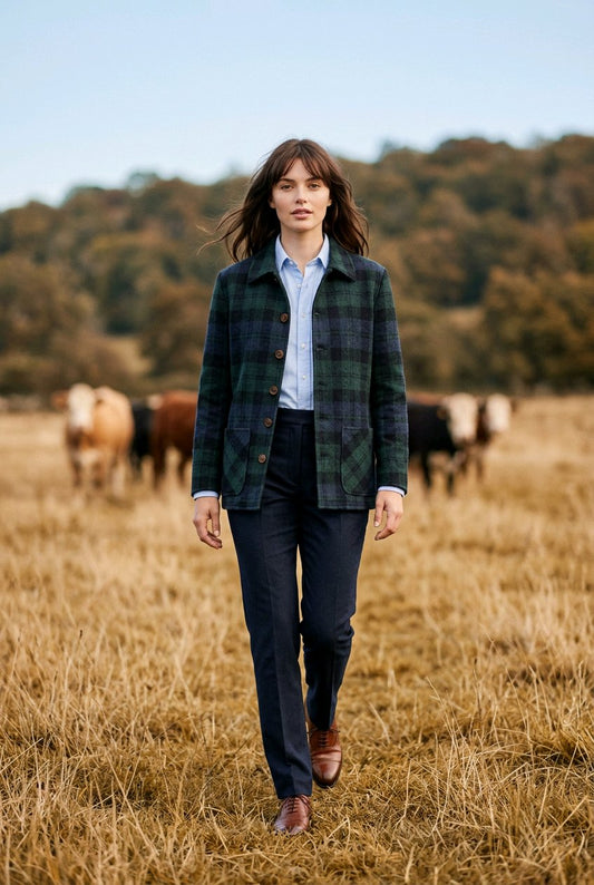 A woman walks through a dry grass field with cows in the background, wearing a green and black plaid button-up jacket over a light blue shirt and dark navy trousers.