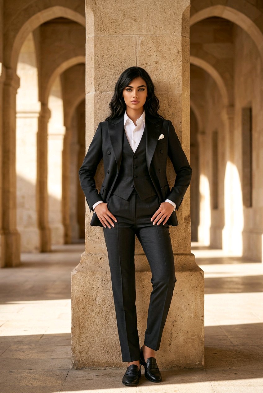 A woman wearing a black double-breasted suit with a white shirt and black loafers, posing in a stone colonnade with arches.
