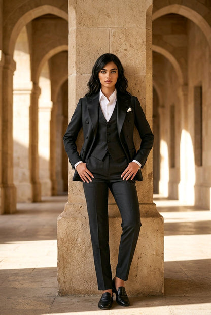 A woman wearing a black double-breasted suit with a white shirt and black loafers, posing in a stone colonnade with arches.