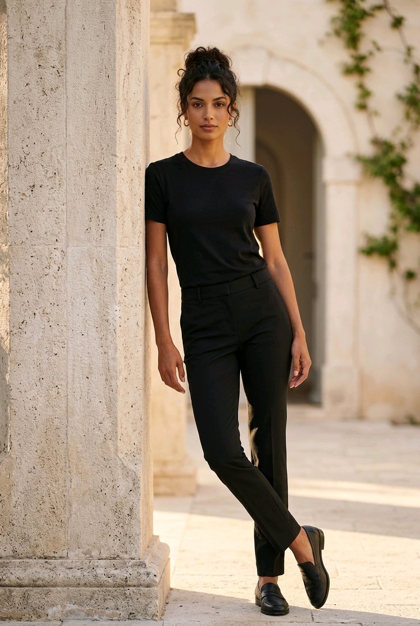 A woman wearing a black short-sleeve crewneck t-shirt and black slim-fit trousers, standing in a stone courtyard next to a column.