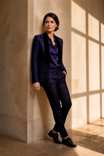 A woman wearing a dark purple patterned blazer with black satin lapels, a matching purple satin shirt, and dark trousers, leaning against a beige stone wall with warm window light casting shadows.