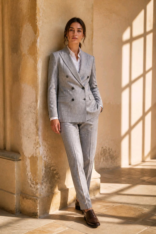 A woman wearing a light gray double-breasted suit with a white shirt and brown leather shoes, leaning against a textured beige stone wall in a sunlit interior.