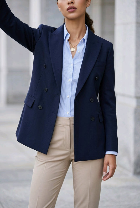 A woman wearing a navy blue double-breasted blazer over a light blue button-down shirt and beige trousers, standing outdoors against a light gray stone building.