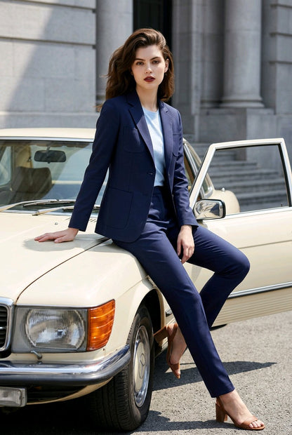 A woman wearing a navy blue tailored pantsuit with a light blue top leans against a cream-colored vintage car outdoors in front of a stone building.