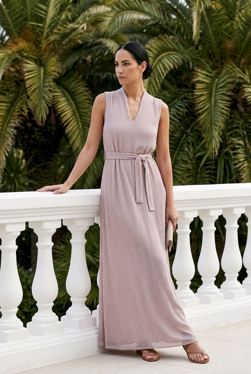 A woman wearing a sleeveless, V-neck maxi dress in a dusty rose pink color stands on a white balcony with palm trees in the background.