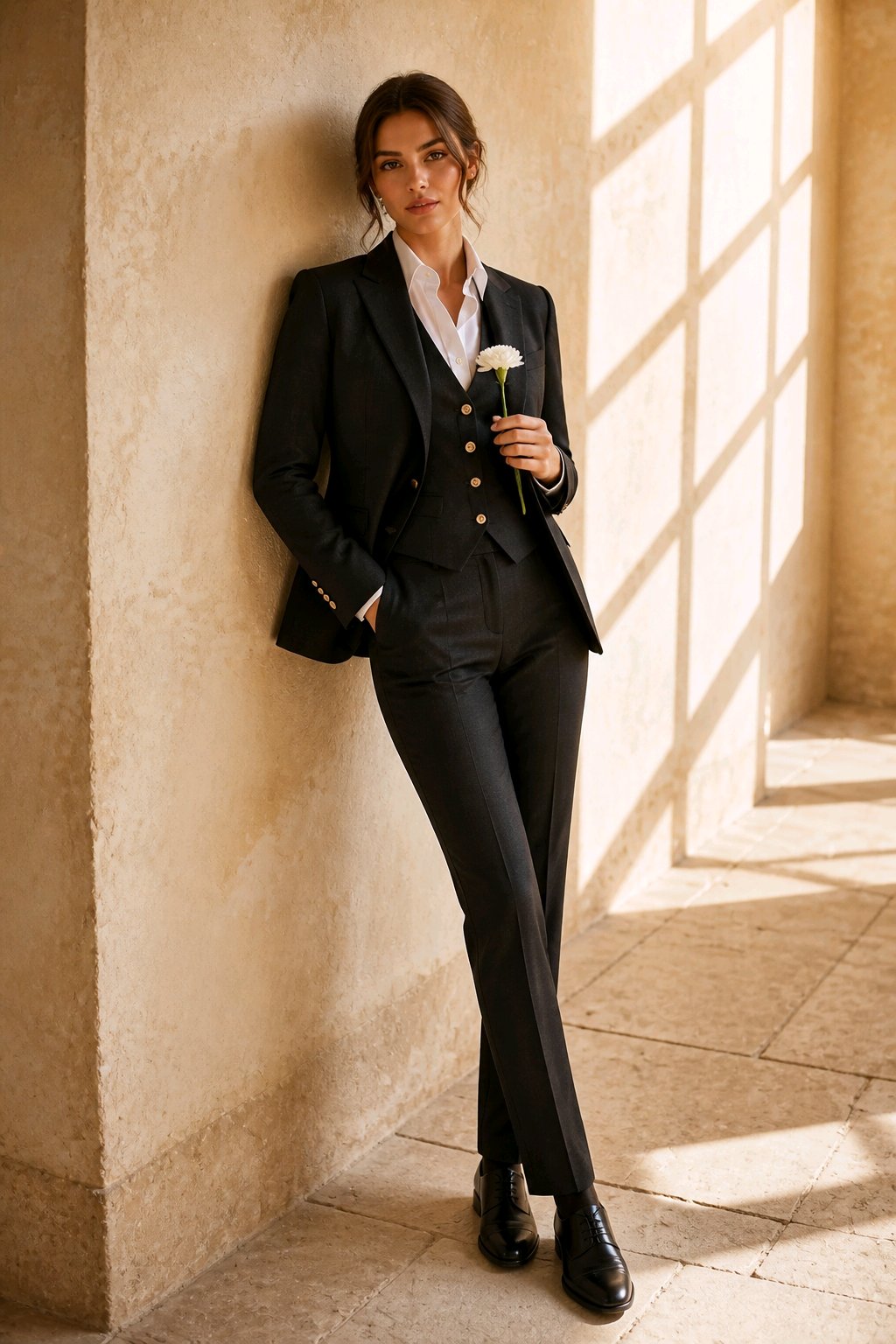 A woman wearing a tailored black three-piece suit with a white shirt and black leather shoes, leaning against a textured beige stone wall in a sunlit interior.