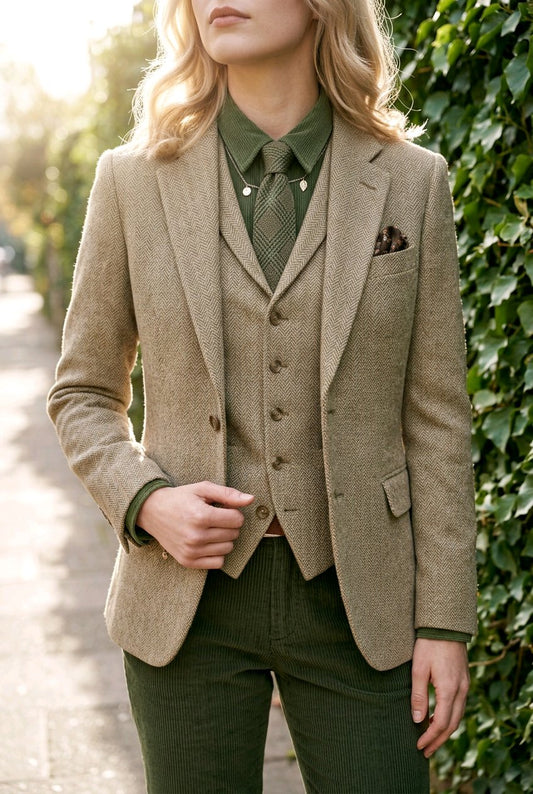 A woman wearing a tailored tweed blazer in warm beige-brown, styled with an olive green shirt, green tie, green vest, and dark green corduroy trousers, standing outdoors against a leafy wall.