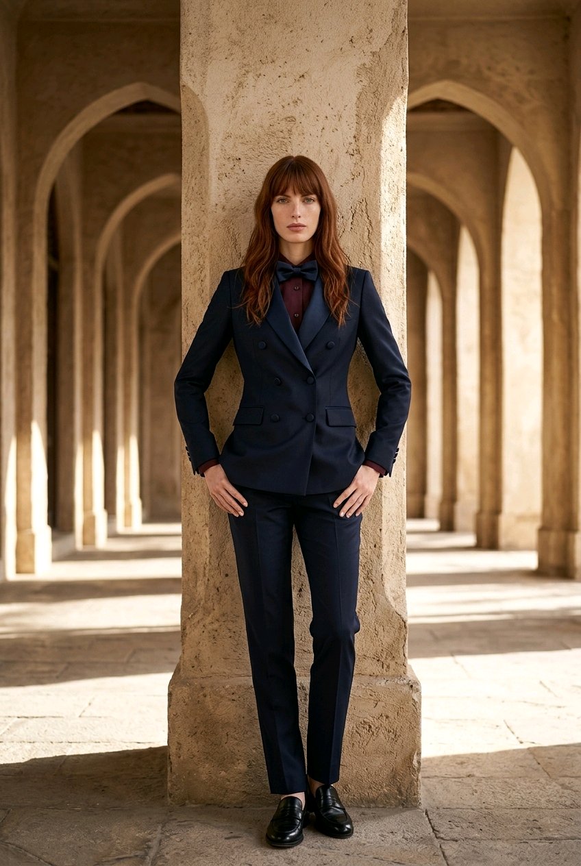A woman with red hair stands in a stone colonnade wearing a tailored navy suit with a dark bow tie and a burgundy shirt visible at the collar, paired with black shoes.