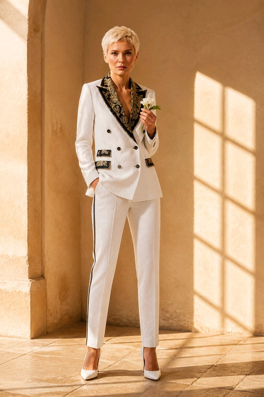 A woman with short blonde hair stands in a sunlit architectural setting wearing a tailored white double-breasted suit with ornate black and gold lapels, black buttons, and thin black side stripes on the trousers. She holds a small white flower.
