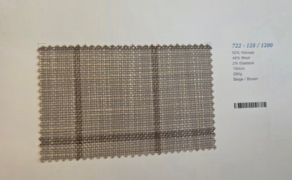A woven fabric swatch showing a beige and brown plaid pattern, displayed on a white background with product details printed on the right.
