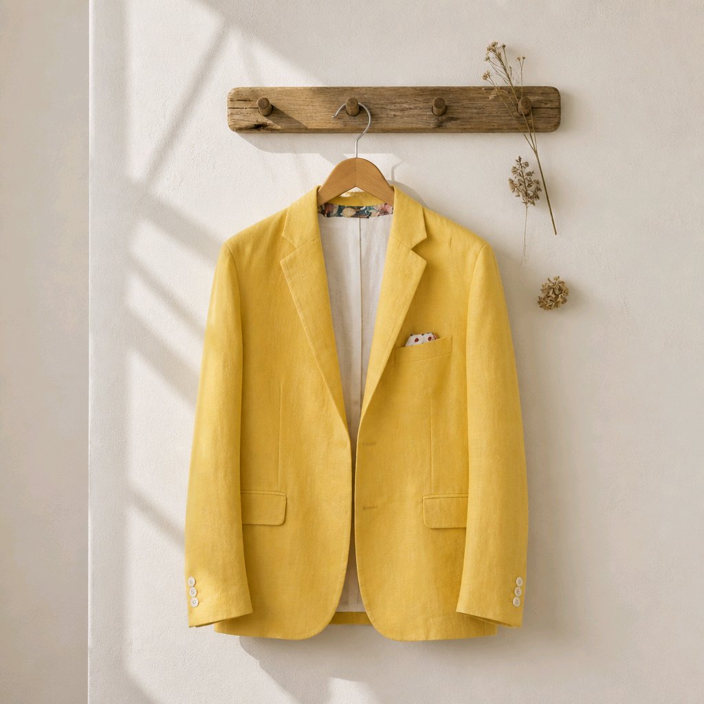 A yellow linen-blend blazer jacket hanging on a wooden hanger from a rustic wooden wall rack, styled with a white shirt and a small pocket square, set against a warm off-white wall with soft window shadows.