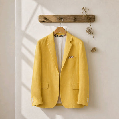 A yellow linen-blend blazer jacket hanging on a wooden hanger from a rustic wooden wall rack, styled with a white shirt and a small pocket square, set against a warm off-white wall with soft window shadows.