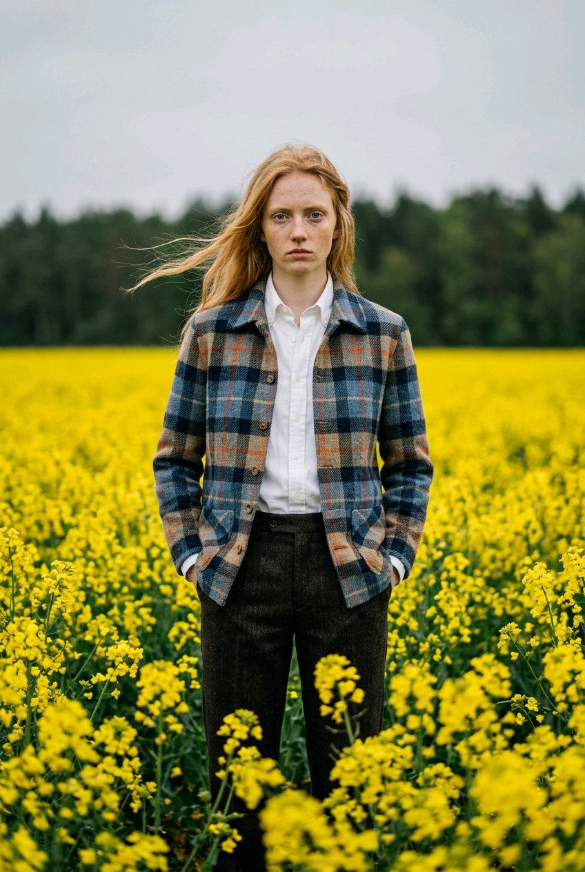 A young woman stands in a field of bright yellow flowers wearing a blue and orange plaid overshirt over a white button-down shirt and dark trousers.