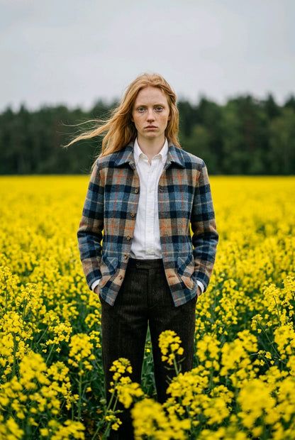 A young woman stands in a field of bright yellow flowers wearing a blue and orange plaid overshirt over a white button-down shirt and dark trousers.