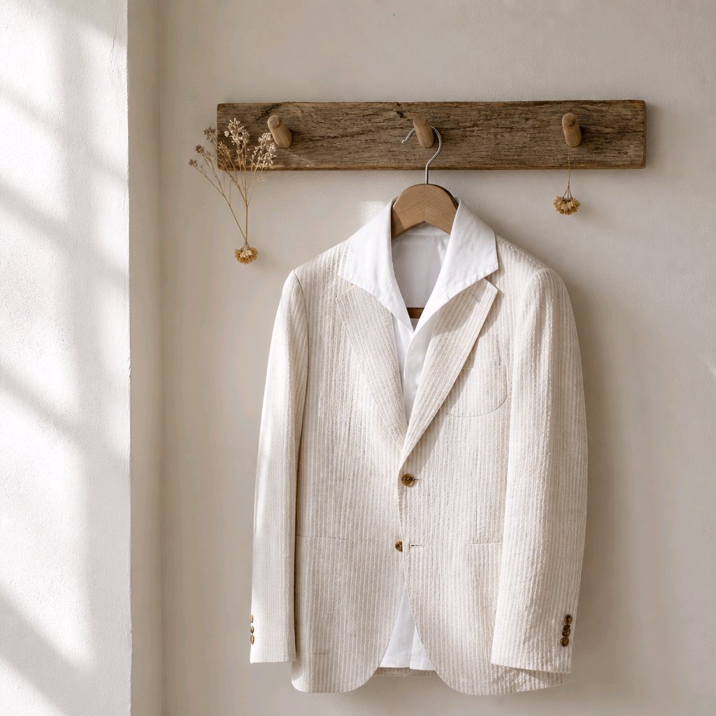 An off-white textured corduroy blazer jacket hanging on a wooden hanger from a rustic wooden wall hook, set against a warm beige wall with soft window light shadows.