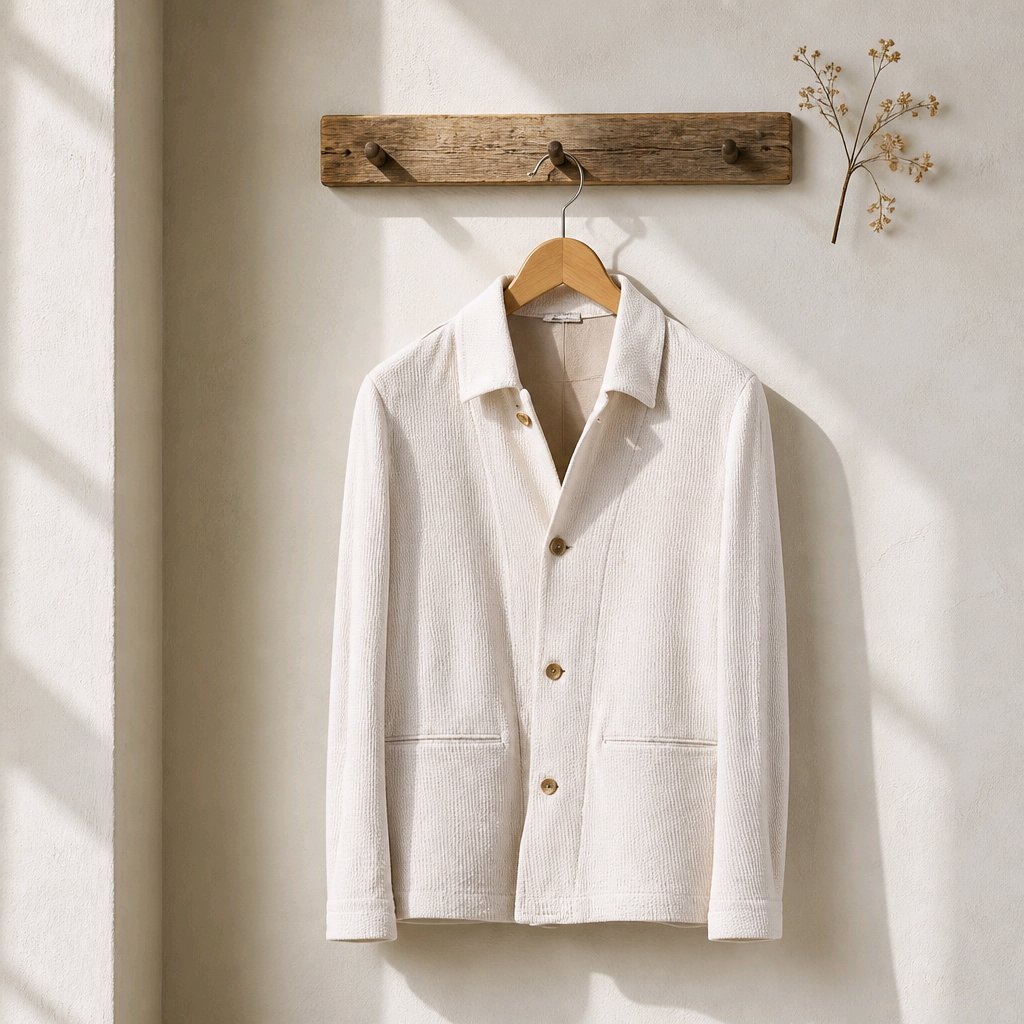 An off-white textured linen-blend jacket with a collar and three-quarter button placket, hanging on a wooden hanger from a rustic wooden wall hook against a warm beige wall.