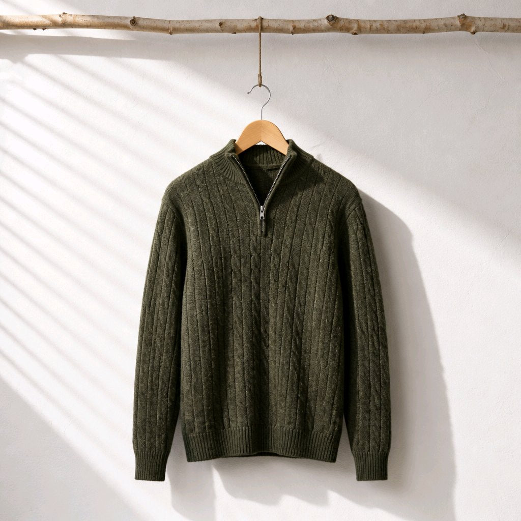 An olive green cable-knit quarter-zip sweater hanging on a wooden hanger from a rustic branch, set against a white wall with soft diagonal shadow patterns.