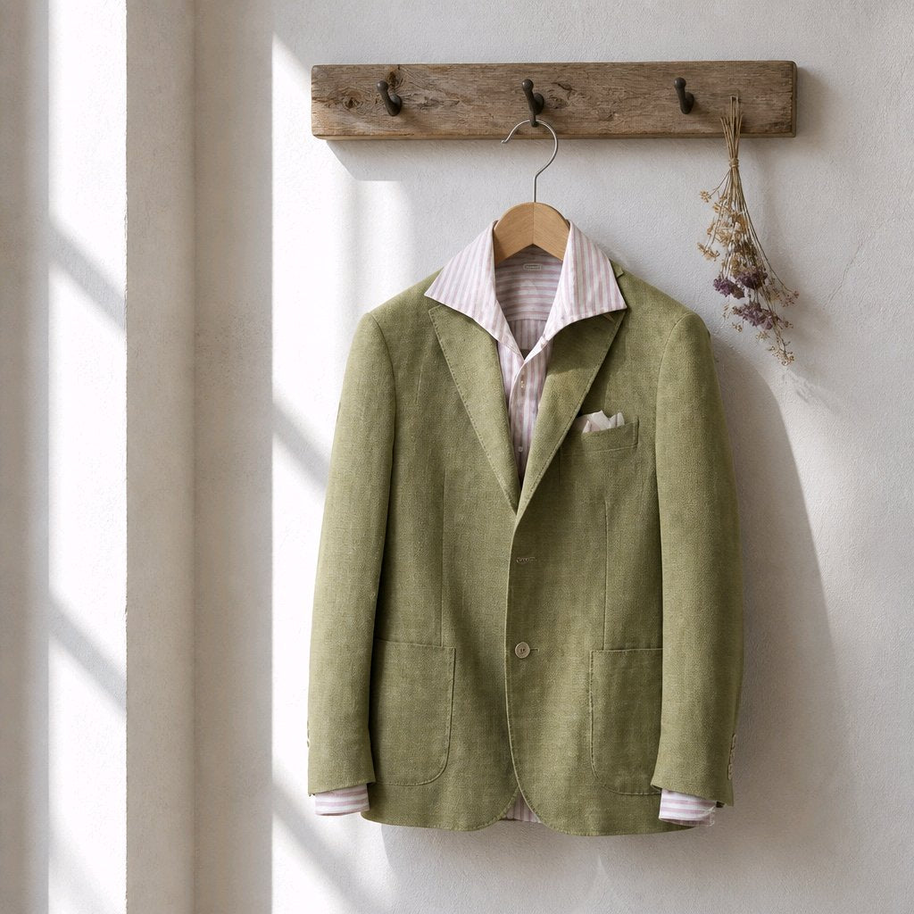 An olive green linen-blend blazer jacket hanging on a wooden hanger from a rustic wooden wall rack. The jacket is styled with a pink and white striped dress shirt and a white pocket square, set against a warm, sunlit cream wall with soft window shadows.