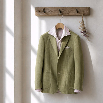 An olive green linen-blend blazer jacket hanging on a wooden hanger from a rustic wooden wall rack. The jacket is styled with a pink and white striped dress shirt and a white pocket square, set against a warm, sunlit cream wall with soft window shadows.