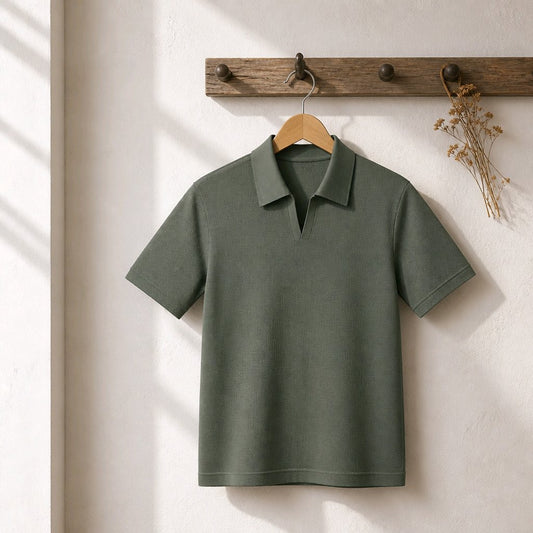 An olive green short-sleeve polo shirt hanging on a wooden hanger from a rustic wooden wall hook, with soft sunlight casting shadows on the textured off-white wall.