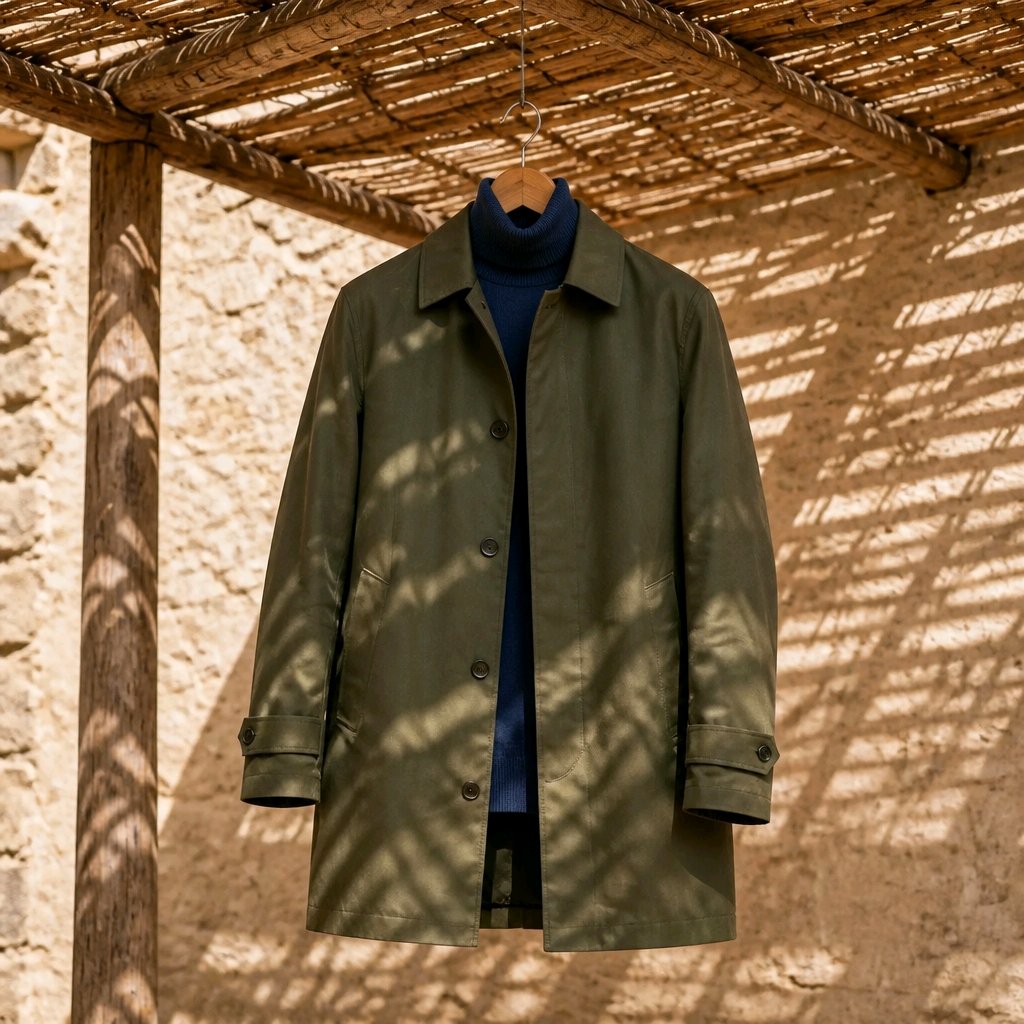 An olive green trench coat hanging on a wooden hanger against a rustic beige stucco wall under a thatched roof, with dappled sunlight and shadows across the scene.