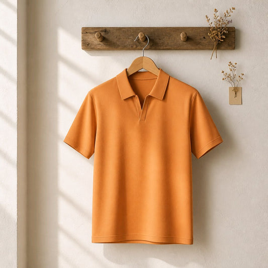 An orange short-sleeve polo shirt hanging on a wooden hanger from a rustic wooden wall rack, set against a textured off-white wall with soft diagonal shadows.
