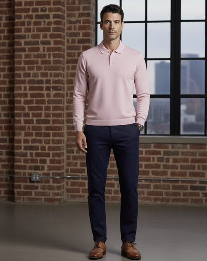 Baby Pink/ Bespoke Cotton Long Sleeved Polo Shirt/ 100% Cotton