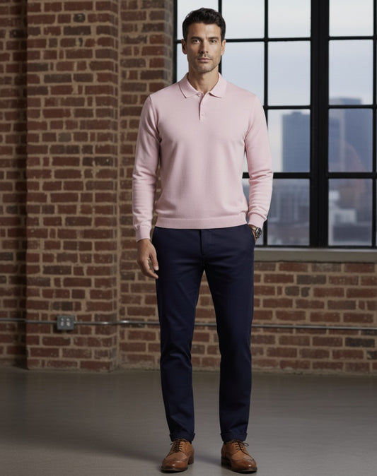 Baby Pink/ Bespoke Cotton Long Sleeved Polo Shirt/ 100% Cotton