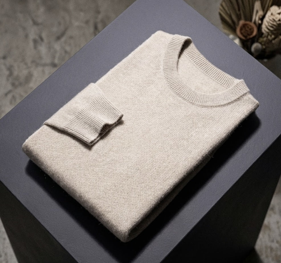 Beige Crew Neck 10% Cashmere 90% Wool Plain Knit