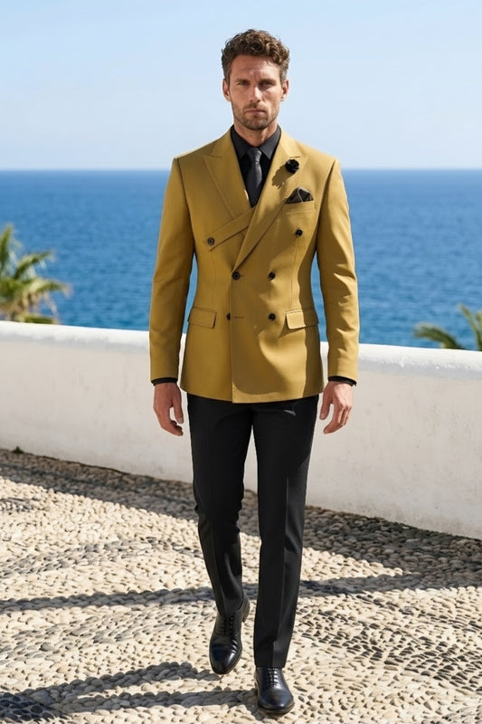 Beige Double Breasted Tuxedo Jacket and Black Formal Trousers