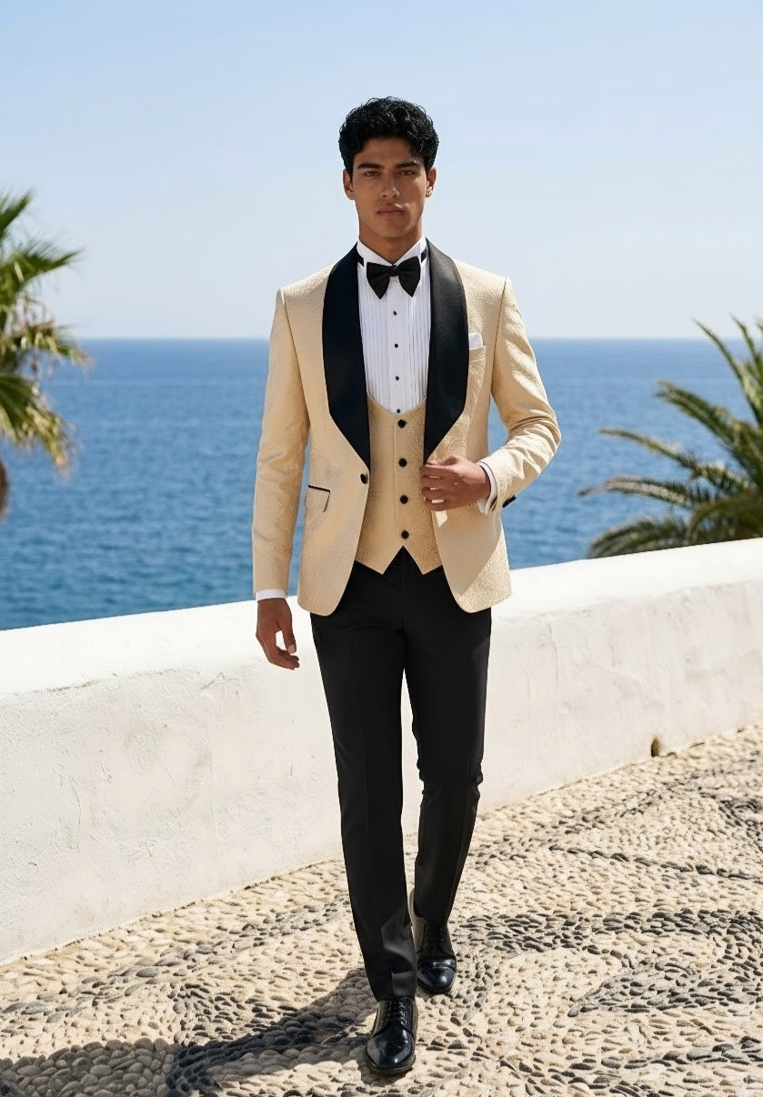 Beige Single Breasted Jacquard Tuxedo Jacket + Waistcoat and Black Formal Trousers