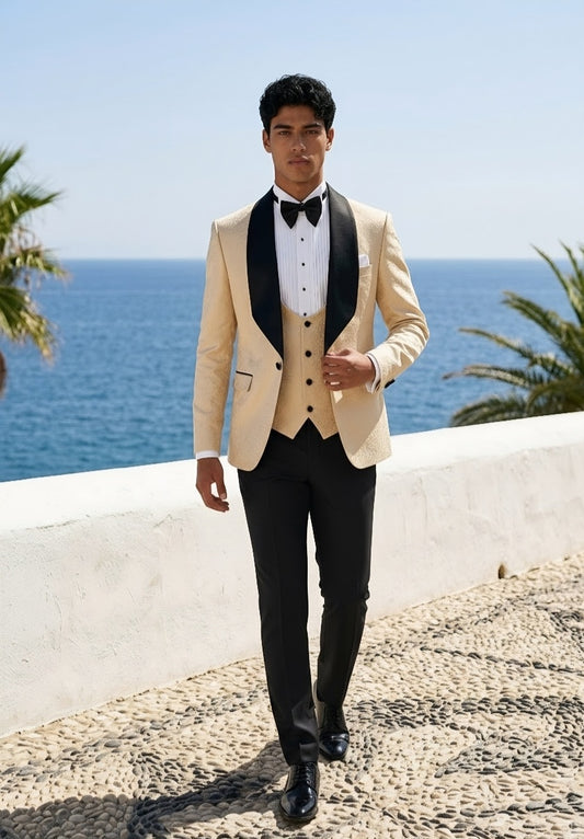 Beige Single Breasted Jacquard Tuxedo Jacket + Waistcoat and Black Formal Trousers